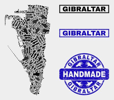 Vector handmade collage of Gibraltar map and rubber seals. Mosaic Gibraltar map is composed with random hands. Blue seals with distress rubber texture.のイラスト素材