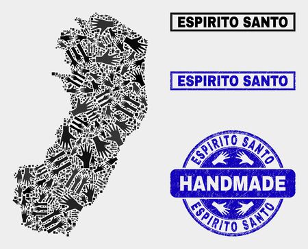 Vector handmade combination of Espirito Santo State map and textured stamp seals. Mosaic Espirito Santo State map is made with scattered hands. Blue seals with corroded rubber texture.のイラスト素材