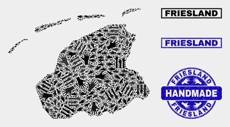 Vector handmade composition of Friesland Province map and dirty stamp seals. Mosaic Friesland Province map is formed of scattered hands. Blue stamp imprints with distress rubber texture.のイラスト素材