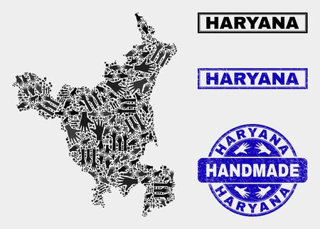 Vector handmade composition of Haryana State map and scratched watermarks. Mosaic Haryana State map is formed of scattered hands. Blue watermarks with scratched rubber texture.のイラスト素材