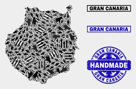 Vector handmade collage of Gran Canaria map and dirty stamp seals. Mosaic Gran Canaria map is designed of random hands. Blue seals with corroded rubber texture.のイラスト素材
