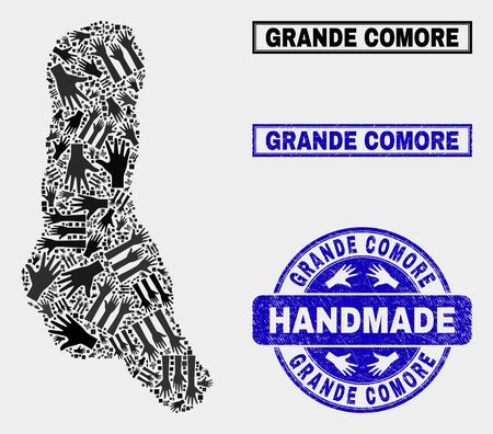 Vector handmade composition of Grande Comore Island map and grunge seals. Mosaic Grande Comore Island map is made of randomized hands. Blue seals with corroded rubber texture.のイラスト素材