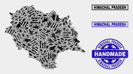 Vector handmade combination of Himachal Pradesh State map and dirty seals. Mosaic Himachal Pradesh State map is created of randomized hands. Blue seals with distress rubber texture.のイラスト素材