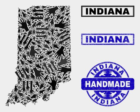 Vector handmade combination of Indiana State map and unclean stamp seals. Mosaic Indiana State map is composed of random hands. Blue stamp imprints with unclean rubber texture.のイラスト素材