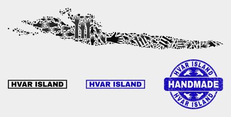 Vector handmade collage of Hvar Island map and rubber watermarks. Mosaic Hvar Island map is made of random hands. Blue watermarks with scratched rubber texture.のイラスト素材