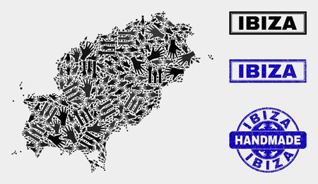 Vector handmade composition of Ibiza Island map and rubber watermarks. Mosaic Ibiza Island map is composed of random hands. Blue stamp imprints with grunge rubber texture.のイラスト素材