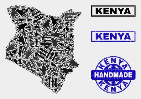 Vector handmade composition of Kenya map and corroded seals. Mosaic Kenya map is formed with randomized hands. Blue watermarks with corroded rubber texture.のイラスト素材