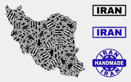 Vector handmade collage of Iran map and corroded watermarks. Mosaic Iran map is made with random hands. Blue watermarks with grunge rubber texture. Flat illustration for handmade service templates.のイラスト素材