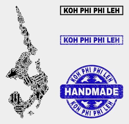 Vector handmade collage of Koh Phi Leh map and scratched stamps. Mosaic Koh Phi Leh map is composed of scattered hands. Blue stamp imprints with scratched rubber texture.のイラスト素材