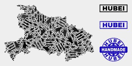 Vector handmade composition of Hubei Province map and grunge stamps. Mosaic Hubei Province map is formed with randomized hands. Blue seals with grunge rubber texture.のイラスト素材