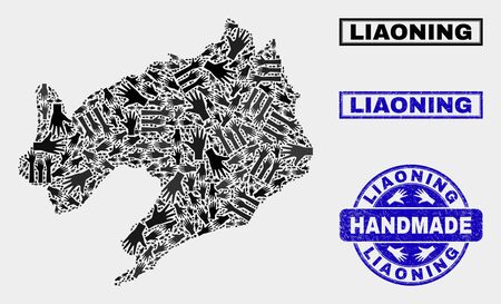 Vector handmade combination of Liaoning Province map and scratched watermarks. Mosaic Liaoning Province map is created of randomized hands. Blue watermarks with distress rubber texture.のイラスト素材