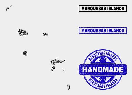 Vector handmade combination of Marquesas Islands map and rubber stamps. Mosaic Marquesas Islands map is created with scattered hands. Blue watermarks with corroded rubber texture.のイラスト素材