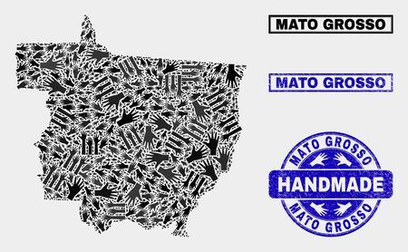 Vector handmade composition of Mato Grosso State map and grunge stamp seals. Mosaic Mato Grosso State map is composed of randomized hands. Blue seals with grunge rubber texture.のイラスト素材
