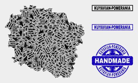 Vector handmade collage of Kuyavian-Pomeranian Voivodeship map and rubber watermarks. Mosaic Kuyavian-Pomeranian Voivodeship map is composed from random hands.のイラスト素材