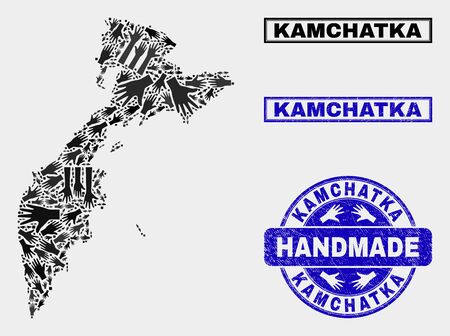 Vector handmade composition of Kamchatka map and scratched seals. Mosaic Kamchatka map is done with random hands. Blue seals with unclean rubber texture.のイラスト素材