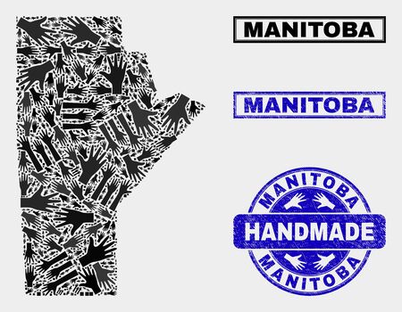 Vector handmade collage of Manitoba Province map and scratched stamps. Mosaic Manitoba Province map is done of random hands. Blue watermarks with distress rubber texture.のイラスト素材