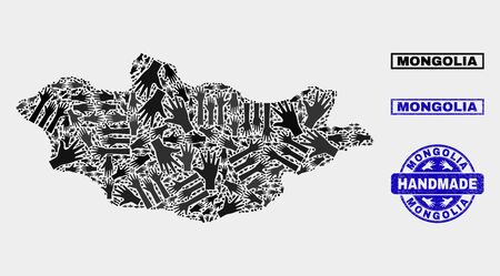 Vector handmade composition of Mongolia map and textured stamp seals. Mosaic Mongolia map is constructed with randomized hands. Blue stamp imprints with unclean rubber texture.のイラスト素材