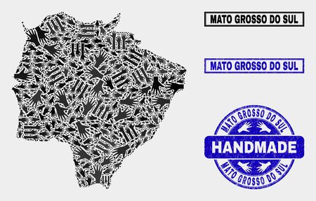 Vector handmade collage of Mato Grosso do Sul State map and textured stamp seals. Mosaic Mato Grosso do Sul State map is constructed of random hands. Blue seals with distress rubber texture.のイラスト素材
