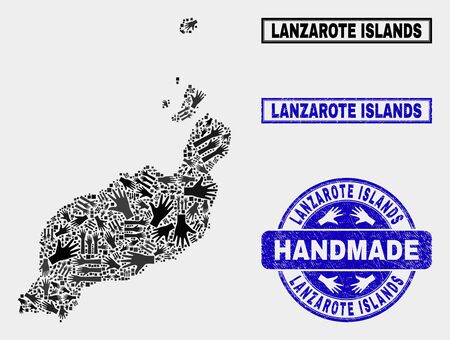 Vector handmade composition of Lanzarote Islands map and rubber watermarks. Mosaic Lanzarote Islands map is designed with randomized hands. Blue watermarks with scratched rubber texture.のイラスト素材