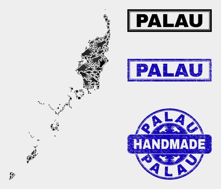 Vector handmade combination of Palau map and rubber stamps. Mosaic Palau map is done with randomized hands. Blue stamp imprints with scratched rubber texture.のイラスト素材