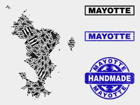 Vector handmade collage of Mayotte Islands map and scratched seals. Mosaic Mayotte Islands map is made of randomized hands. Blue seals with scratched rubber texture.のイラスト素材