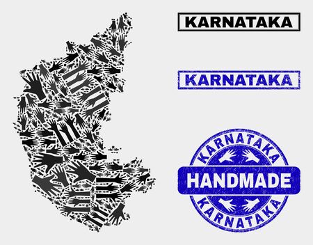Vector handmade collage of Karnataka State map and rubber seals. Mosaic Karnataka State map is composed of randomized hands. Blue stamp imprints with grunge rubber texture.のイラスト素材