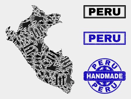 Vector handmade composition of Peru map and unclean stamps. Mosaic Peru map is formed of random hands. Blue seals with unclean rubber texture. Flat illustration for handmade service posters.のイラスト素材