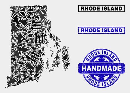 Vector handmade collage of Rhode Island State map and unclean stamp seals. Mosaic Rhode Island State map is organized from randomized hands. Blue seals with unclean rubber texture.のイラスト素材