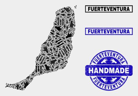 Vector handmade collage of Fuerteventura Island map and dirty stamp seals. Mosaic Fuerteventura Island map is done with randomized hands. Blue stamp imprints with scratched rubber texture.のイラスト素材