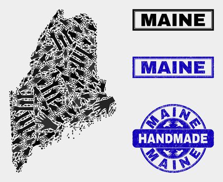 Vector handmade composition of Maine Land map and dirty stamp seals. Mosaic Maine Land map is organized of random hands. Blue seals with corroded rubber texture.のイラスト素材