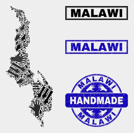 Vector handmade composition of Malawi map and scratched stamp seals. Mosaic Malawi map is constructed with scattered hands. Blue seals with grunge rubber texture.のイラスト素材