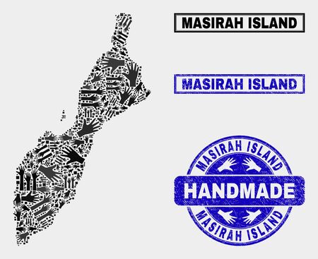 Vector handmade combination of Masirah Island map and rubber seals. Mosaic Masirah Island map is composed of scattered hands. Blue seals with distress rubber texture.のイラスト素材