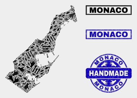 Vector handmade combination of Monaco map and rubber watermarks. Mosaic Monaco map is designed with randomized hands. Blue seals with unclean rubber texture.のイラスト素材