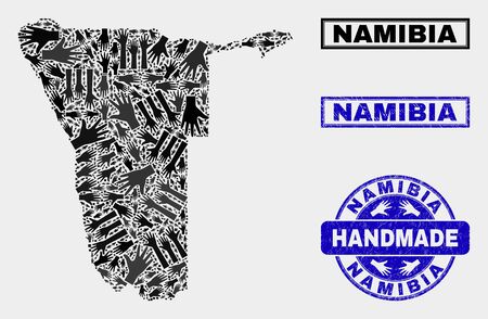 Vector handmade composition of Namibia map and grunge stamp seals. Mosaic Namibia map is formed with scattered hands. Blue stamp imprints with grunge rubber texture.のイラスト素材