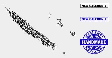 Vector handmade composition of New Caledonia Islands map and scratched seals. Mosaic New Caledonia Islands map is constructed of random hands. Blue stamp imprints with scratched rubber texture.のイラスト素材