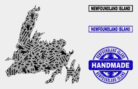 Vector handmade composition of Newfoundland Island map and textured watermarks. Mosaic Newfoundland Island map is constructed with randomized hands. Blue watermarks with corroded rubber texture.のイラスト素材