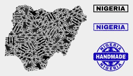 Vector handmade collage of Nigeria map and textured stamp seals. Mosaic Nigeria map is made of random hands. Blue seals with grunge rubber texture.のイラスト素材