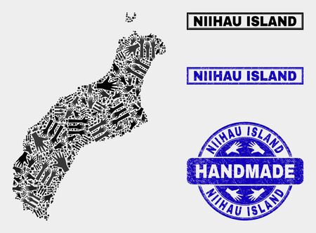 Vector handmade collage of Niihau Island map and corroded stamp seals. Mosaic Niihau Island map is composed of random hands. Blue seals with unclean rubber texture.のイラスト素材