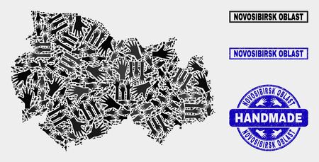 Vector handmade combination of Novosibirsk Region map and grunge seals. Mosaic Novosibirsk Region map is formed with randomized hands. Blue seals with distress rubber texture.のイラスト素材