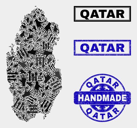 Vector handmade collage of Qatar map and scratched stamp seals. Mosaic Qatar map is created with scattered hands. Blue seals with scratched rubber texture.のイラスト素材
