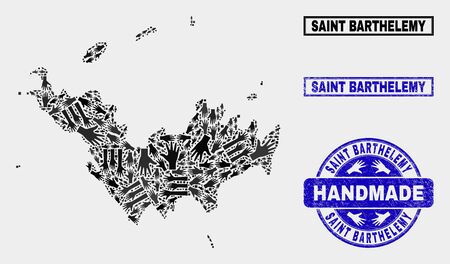 Vector handmade combination of Saint Barthelemy map and rubber seals. Mosaic Saint Barthelemy map is created from scattered hands. Blue seals with distress rubber texture.のイラスト素材