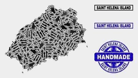 Vector handmade composition of Saint Helena Island map and rubber stamp seals. Mosaic Saint Helena Island map is formed of randomized hands. Blue seals with grunge rubber texture.のイラスト素材