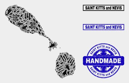 Vector handmade combination of Saint Kitts and Nevis map and rubber seals. Mosaic Saint Kitts and Nevis map is created from scattered hands. Blue seals with scratched rubber texture.のイラスト素材