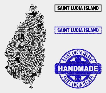 Vector handmade composition of Saint Lucia Island map and grunge seals. Mosaic Saint Lucia Island map is formed of scattered hands. Blue seals with unclean rubber texture.のイラスト素材