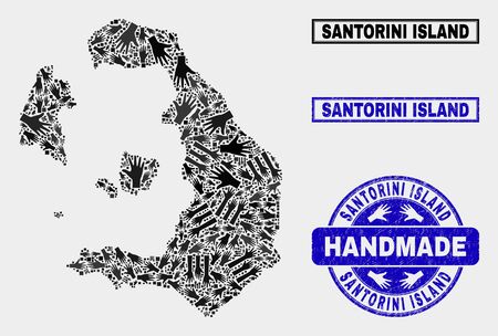 Vector handmade collage of Santorini Island map and scratched seals. Mosaic Santorini Island map is composed with scattered hands. Blue seals with unclean rubber texture.のイラスト素材