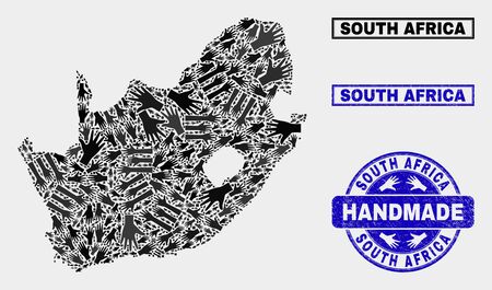 Vector handmade combination of South African Republic map and rubber stamps. Mosaic South African Republic map is formed with randomized hands. Blue stamp imprints with corroded rubber texture.のイラスト素材