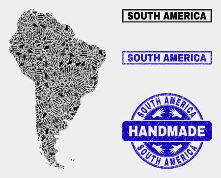 Vector handmade composition of South America map and unclean watermarks. Mosaic South America map is made with scattered hands. Blue stamp imprints with unclean rubber texture.のイラスト素材