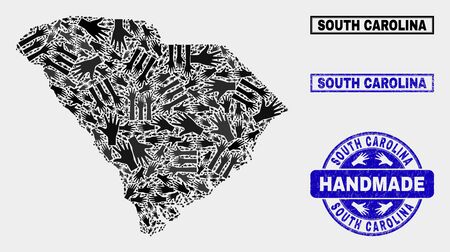 Vector handmade combination of South Carolina State map and rubber seals. Mosaic South Carolina State map is designed with random hands. Blue seals with unclean rubber texture.のイラスト素材
