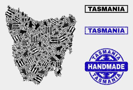 Vector handmade combination of Tasmania Island map and corroded stamp seals. Mosaic Tasmania Island map is done from scattered hands. Blue stamp imprints with corroded rubber texture.のイラスト素材