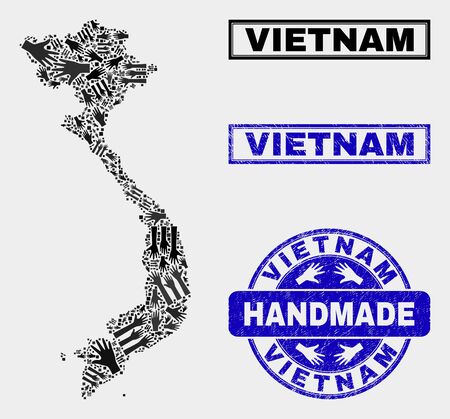Vector handmade collage of Vietnam map and rubber stamp seals. Mosaic Vietnam map is composed from scattered hands. Blue seals with unclean rubber texture. Flat design for handmade marketing purposes.のイラスト素材